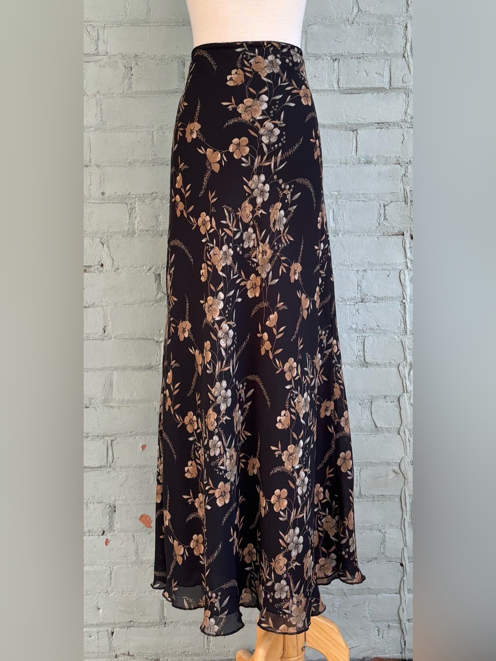 Vintage Black Floral Bias Cut Maxi Skirt